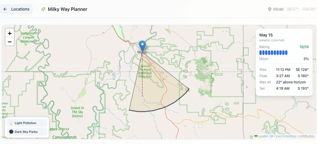 Milky Way Planner showing galactic core timing and arc for Moab, Utah in late May