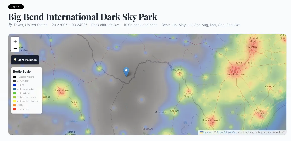 Big Bend National Park dark sky location page with light pollution overlay and Bortle class rating