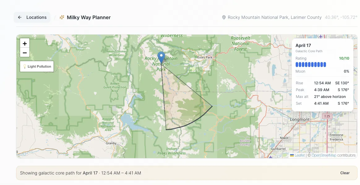 Galactic core arc overlay showing the Milky Way's path across the sky from Rocky Mountain National Park