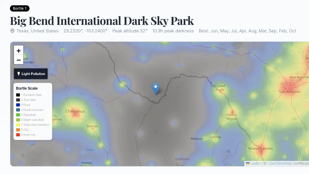 New: Dark Sky Location Maps, Light Pollution Overlay, and Galactic Core Arc