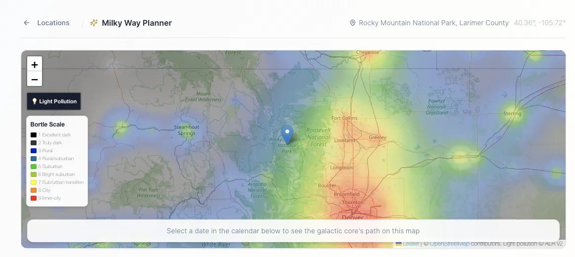 Light pollution overlay on the Milky Way Planner map showing Bortle scale sky brightness around Rocky Mountain National Park