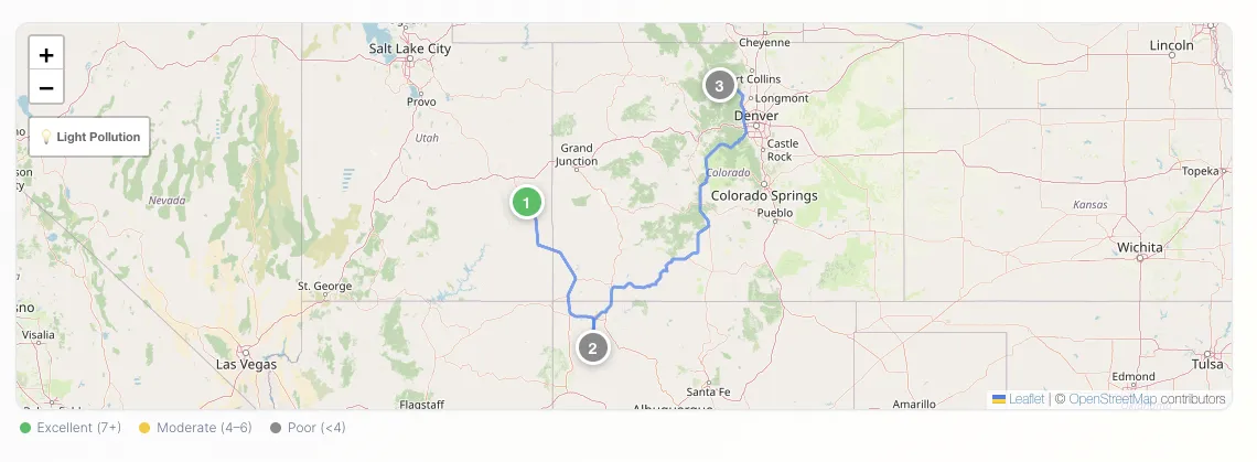 Trip planner with driving routes between dark sky locations