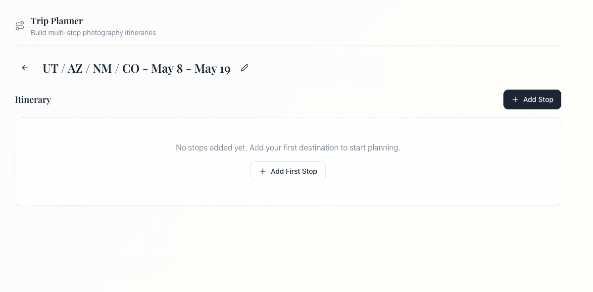 Empty trip planner view, ready for the first stop