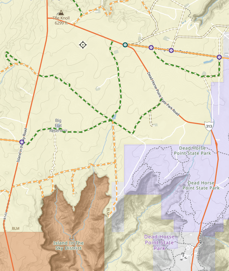 Trails Offroad trail map showing the Bird's View route to Marlboro Point near Dead Horse Point State Park in Canyonlands, Utah