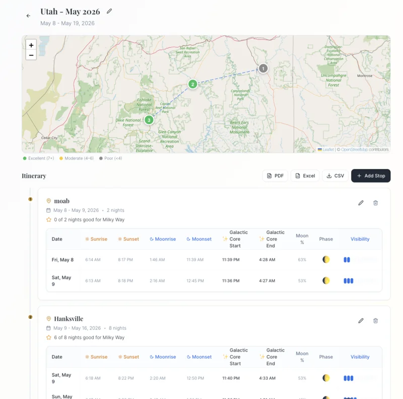 Trip planner showing multi-stop itinerary with map, dates, and visibility ratings for a Utah photography trip